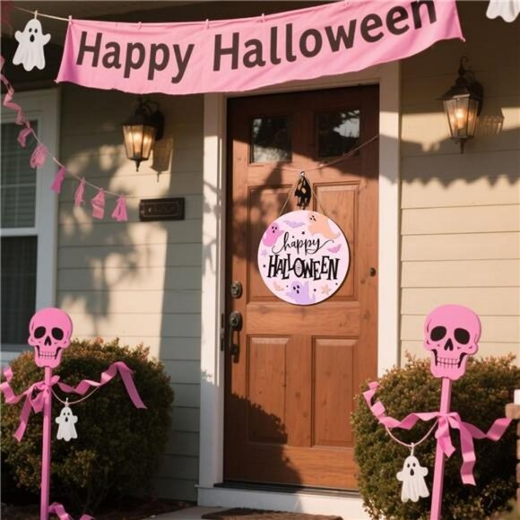 Halloween Ghost Wooden Hanging Sign Pink Spooky Welcome Sign Ghost Bat Door - Picture 3 of 8
